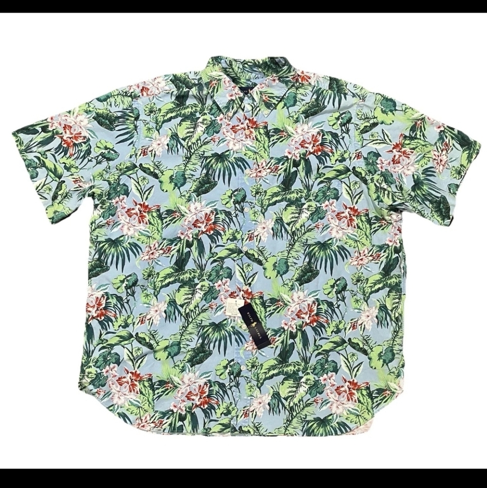 Ralph Lauren Hawaiian Shirt Green Tropical All-Over Print Cotton Mens 2XB NWT